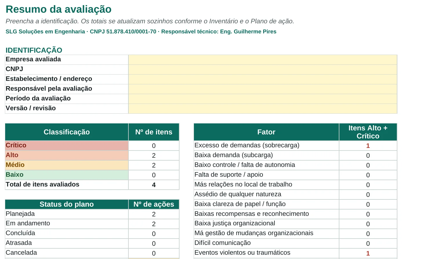 Aba Resumo com identificação da empresa e totais por classificação, status do plano e fator